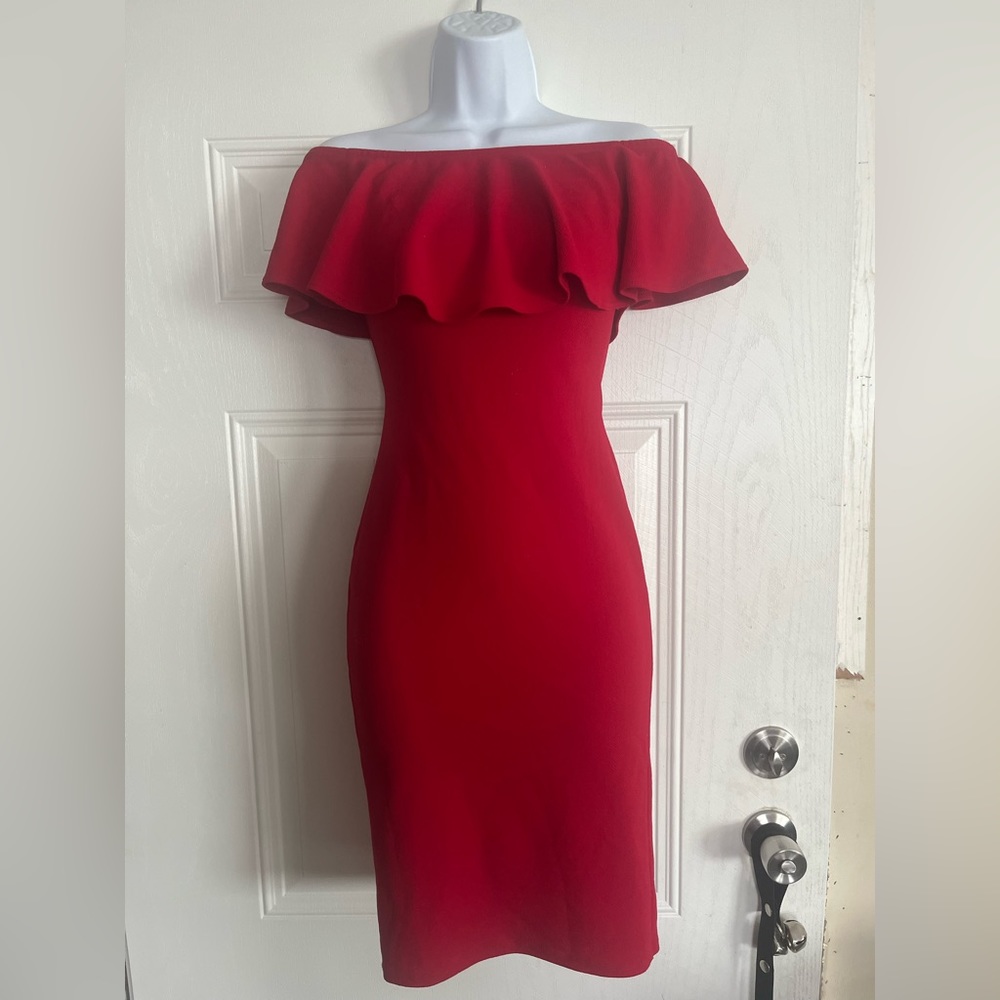 Red dress top ruffle and no size fits a small or a medium